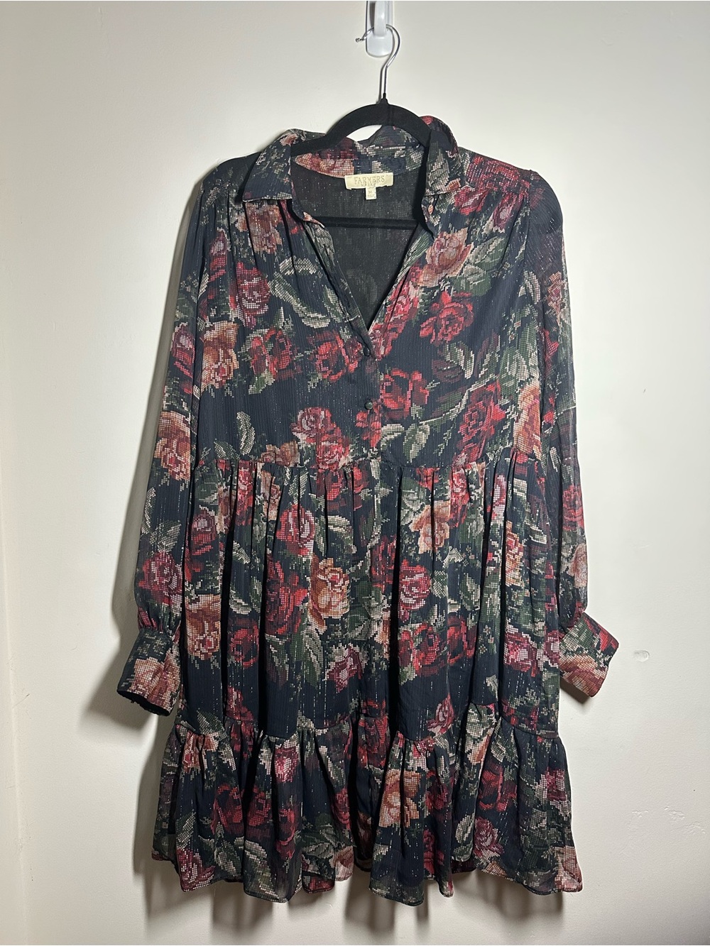 Long-Sleeve Floral Tiered Mini Dress in Black and Rose